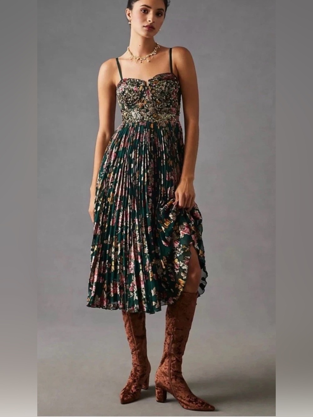 Stunning Anthropologie Verb by Pallavi Singhee midi dress in dark green floral.